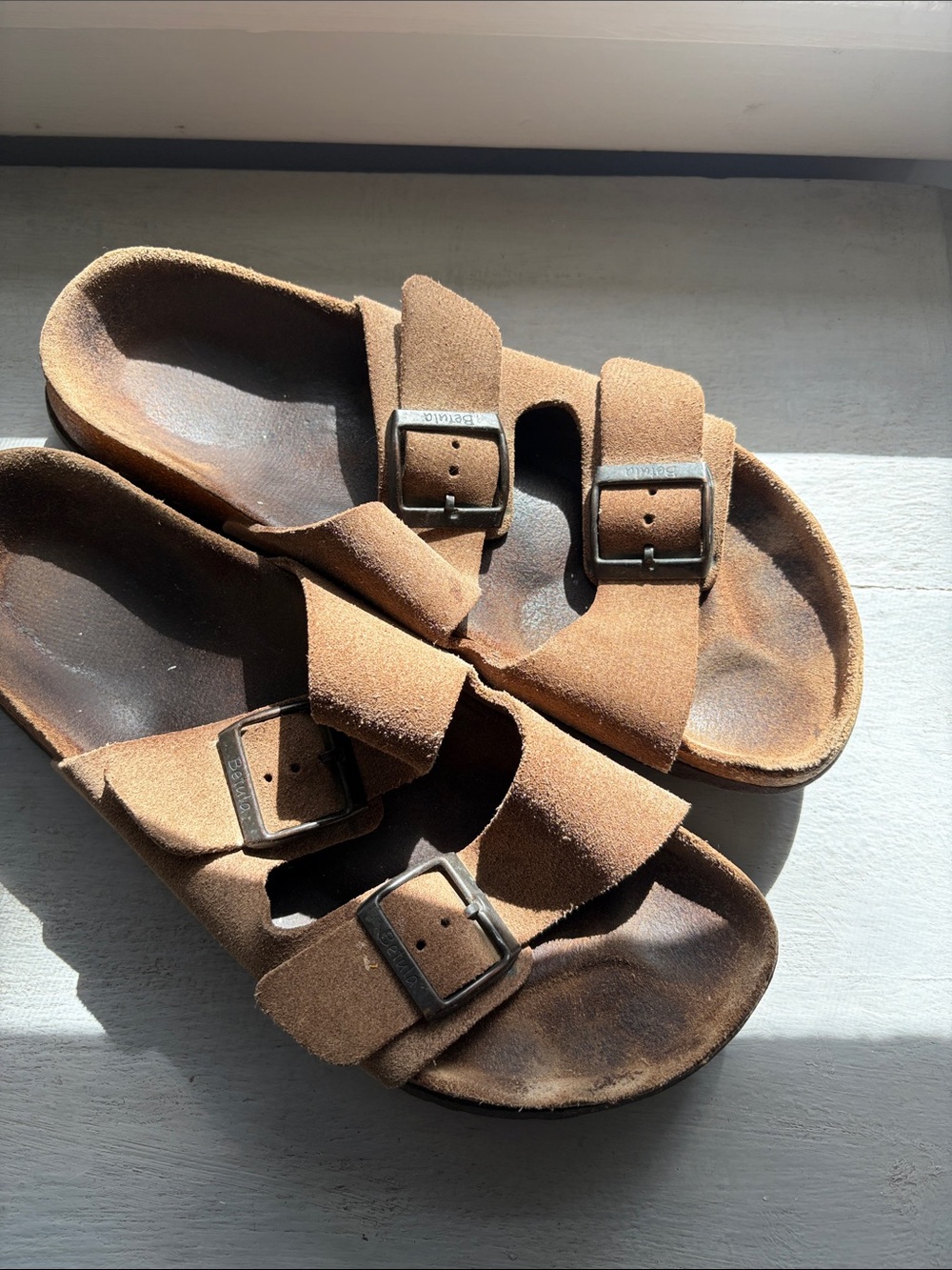 Women's Double-Buckle Suede Slide Sandals in Brown